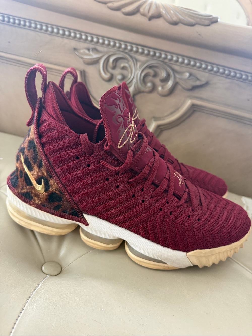 Nike Wine Red Knit Sneakers with Gold Accents